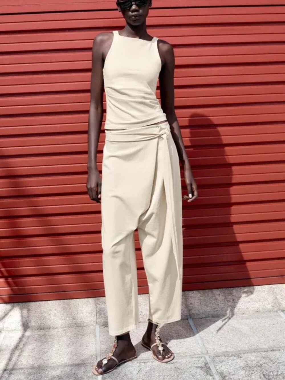 New Zara Pareo Mid Rise Wrap Front Elastic Waistband 100% Cotton Sand Pants